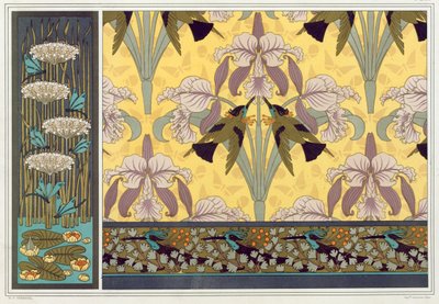 Diseño para cenefa de papel pintado, tela y panel: "Libélulas, nenúfares y arbustos en flor", "Pájaros zumbadores y orquídeas" y "Pájaros zumbadores y helechos de pelo de doncella" de "El animal en la decoración" de Maurice Pillard Verneuil, pub. 1897 (lit de Maurice Pillard Verneuil
