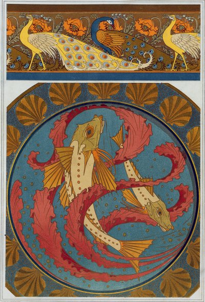 Diseños de cenefa de pavo real y amapola, y placa de esmalte con decoración de gurnas y algas con contorno de concha de vieira, de "L