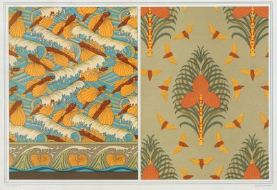 Diseños para papel tapiz Peces voladores y olas, pub. 1897 de Maurice Pillard Verneuil