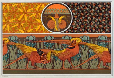 Diseños para borde de papel tapiz y tela: Pájaros, mariquitas y helecho de cabello de doncella, pub. 1897 de Maurice Pillard Verneuil