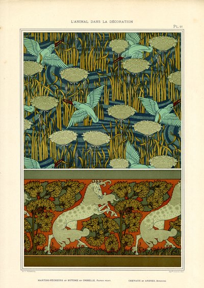 Martín pescador y nenúfares con friso de caballo (litografía) de Maurice Pillard Verneuil