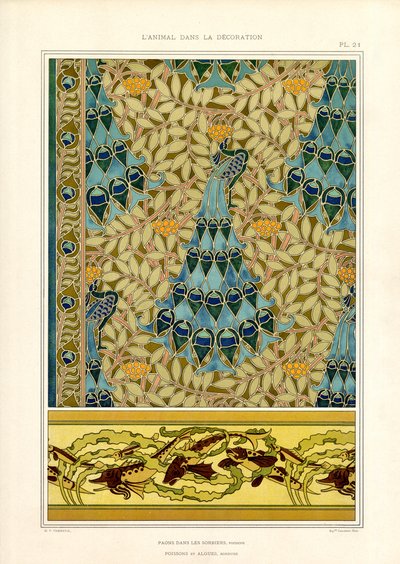 Pavos reales y peces en la ornamentación Art Nouveau (litografía) de Maurice Pillard Verneuil