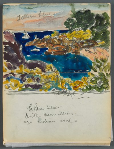 Libro de bocetos - The Granite Shore Hotel, Rockport, página 024 y 25: Vista del puerto con anotaciones en color de Maurice Prendergast