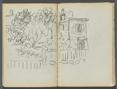 Libro de bocetos- The Granite Shore Hotel, Rockport, página 054 y 55: Casa y jardín vallado de Maurice Prendergast