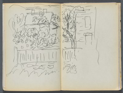 Libro de bocetos - The Granite Shore Hotel, Rockport, página 058 y 59: Casa y jardín vallado de Maurice Prendergast