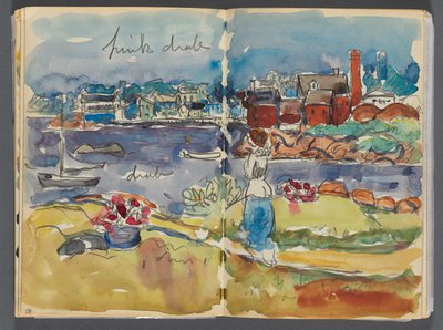 Libro de bocetos - The Granite Shore Hotel, Rockport, página 084 y 85: Vista del puerto con anotaciones en color de Maurice Prendergast