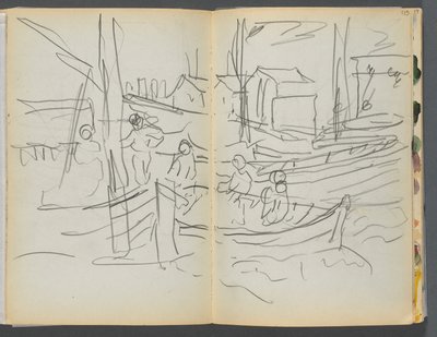 Sketchbook- The Granite Shore Hotel, Rockport, página 114 115: Figuras en un velero de Maurice Prendergast