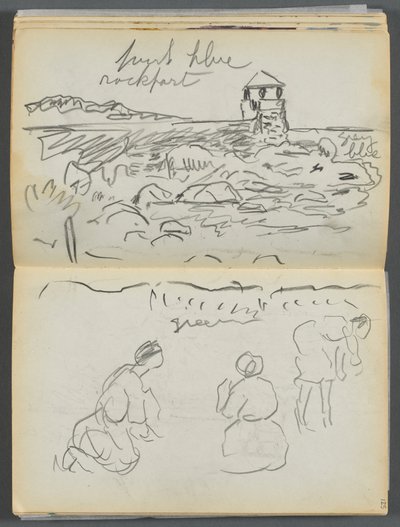 Libro de bocetos- The Granite Shore Hotel, Rockport, página 124 y 125: Faro de Rockport y figuras en la orilla de Maurice Prendergast