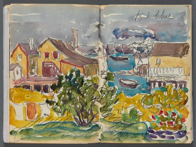 Libro de bocetos- The Granite Shore Hotel, Rockport, páginas 128 y 129: Casas en el puerto de Maurice Prendergast