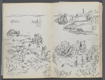 Cuaderno de bocetos, The Dells, N° 127, página 042  43: Cala con barcos y figuras de Maurice Prendergast