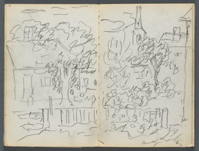 Cuaderno de bocetos, The Dells, N° 127, página 084  85: Paisaje con casas y aguja de Maurice Prendergast