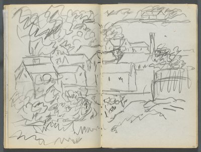 Cuaderno de bocetos, The Dells, N° 127, página 096  97: Paisaje con casas de Maurice Prendergast