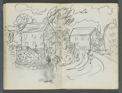 Cuaderno de bocetos, The Dells, N° 127, página 102 y 103: Paisaje con casas y carretera de Maurice Prendergast