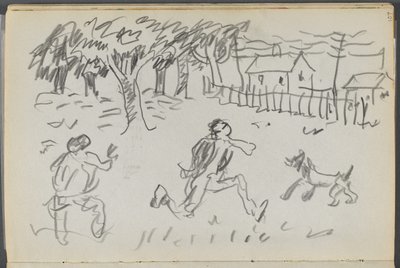 Cuaderno de bocetos, The Dells, N° 127, página 107: Paisaje con figuras y perro de Maurice Prendergast