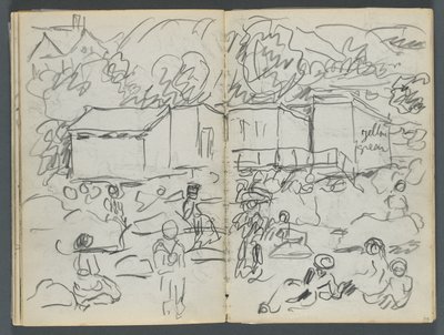 Cuaderno de bocetos, The Dells, N° 127, página 114 y 115: Paisaje con figuras y edificios de Maurice Prendergast