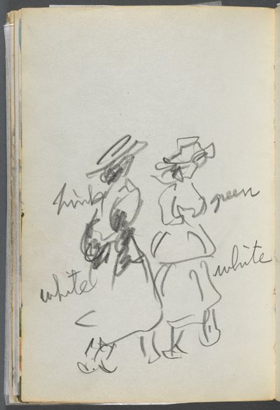 Cuaderno de bocetos, The Dells, N° 127, página 144: Dos figuras caminando con anotaciones en color de Maurice Prendergast
