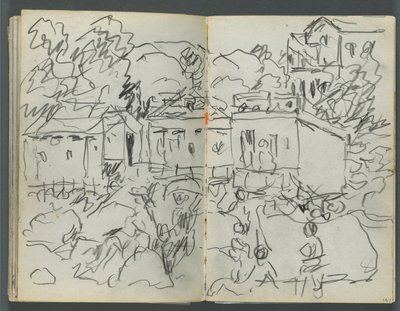 Cuaderno de bocetos, The Dells, N° 127, página 146 y 147: Paisaje con figuras y edificios de Maurice Prendergast