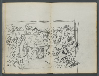 Cuaderno de bocetos, The Dells, N° 127, página 154 y 155: Paisaje con casas de Maurice Prendergast