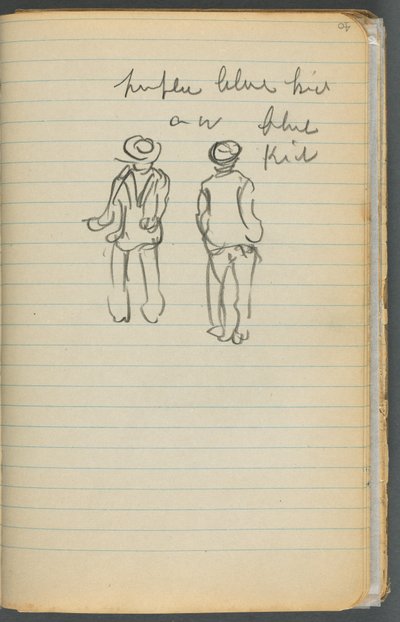 Cuaderno de bocetos, página 040: Notas y dos figuras de Maurice Prendergast