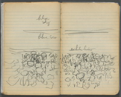 Cuaderno de bocetos, página 046 y 47: Vista de la playa con anotaciones en color de Maurice Prendergast