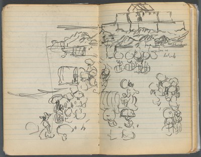 Cuaderno de bocetos, página 112 y 113: Vista de la playa de Maurice Prendergast