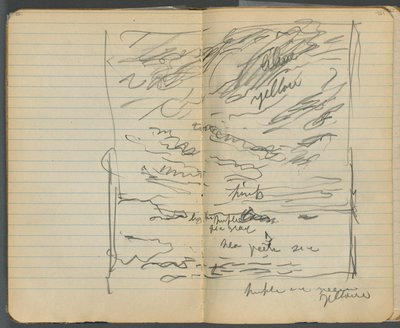 Cuaderno de bocetos, páginas 152 y 153: Vista del mar con anotaciones en color de Maurice Prendergast