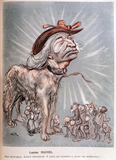 Caricatura de Louise Michel como un perro "raza terranova, sin recompensa, pasó su existencia salvando a los desafortunados" de Maurice Radiguet