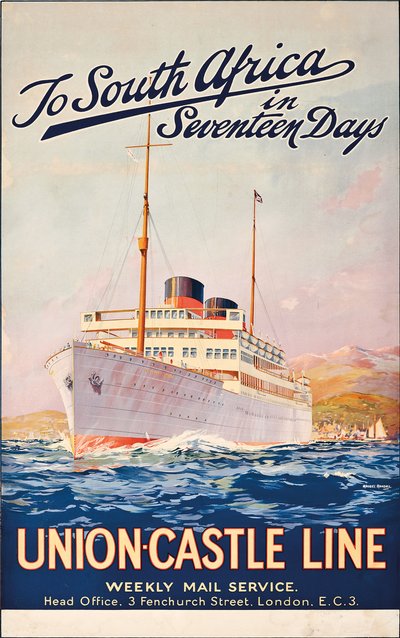 A Sudáfrica en Diecisiete Días; un cartel publicitario para Union Castle Line de Maurice Randall