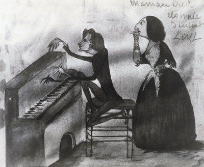Caricatura de Franz Liszt y George Sand en Nohant en 1832 de Maurice Sand