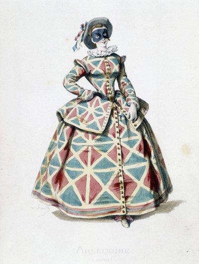 Traje y máscara de Arlequín en 1855, personaje femenino de Arlequín en la commedia dell