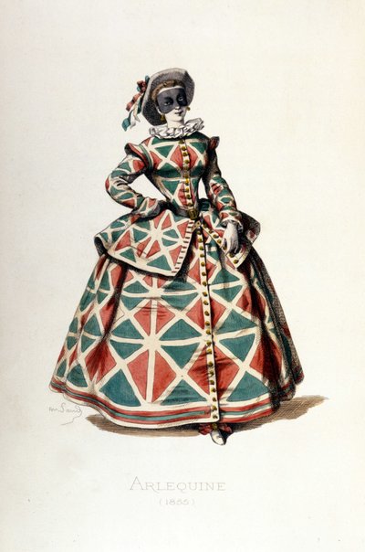 Traje y máscara de arlequín en 1855, personaje femenino de Arlequín en la commedia dell
