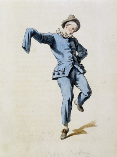 Peppe Nappa (Pierrot o Peppe-Nappa) de “Masques et bouffons” (Comedia italiana), texto y dibujos de Maurice Sand, impresiones de A. Manceau, prefacio de Georges Sand, París, Michel Lévy Frères de Maurice Sand