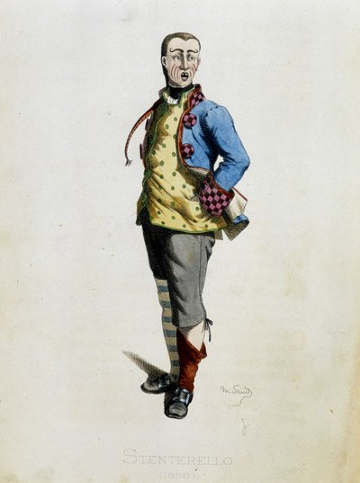 Stenterello dibuja de "Masques et bouffons" (comedia italiana), texto y dibujos de Maurice Sand, grabados por A. Manceau, prefacio de Georges Sand, París, Michel Levy Freres de Maurice Sand