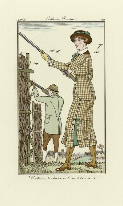 Diseño de traje de tiro de tweed para señoras, de Costumes Parisien, pub.1912 (impresión de pochoir) de Maurice Taquoy