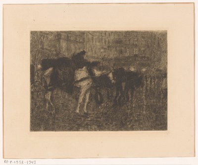 Caballos de carroza en una plaza de la ciudad por la noche de Maurits Niekerk