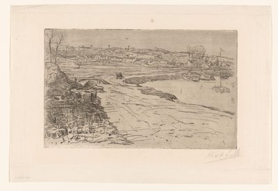 Paisaje con casas y agua con veleros amarrados de Maurits van der Valk (signed by artist)