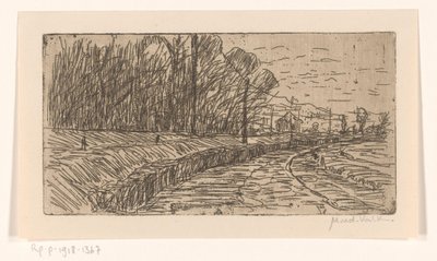 Paisaje con carretera, borde de bosque y postes de electricidad de Maurits van der Valk (signed by artist)