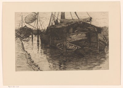 Barcos amarrados en un puerto
Barcaza de vela amarrada (título original) de Maurits van der Valk
