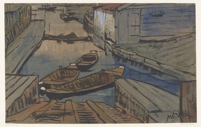 Barcos en una zanja entre graneros de Maurits van der Valk