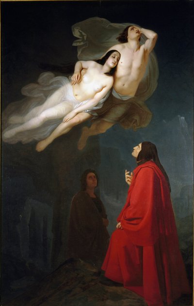 Dante y Virgilio se encuentran con Francesca da Rimini y su cuñado Paolo Malatesta, culpables de adulterio, en el círculo de la lujuria en el Inframundo". de Maurizio Frascheri
