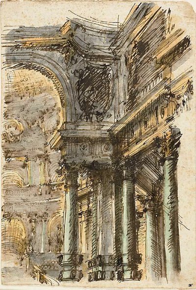 Fantasía arquitectónica (recto); Detalles arquitectónicos (verso) de Mauro Antonio Tesi