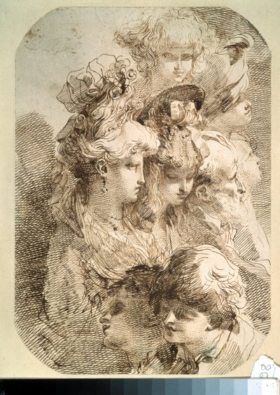 Estudio de ocho cabezas. (Estudios de ocho cabezas). Dibujo de Mauro Gandolfi (1764-1834). arte italiano. Lápiz y tinta china marrón sobre papel. Museo Pushkin, Moscú de Mauro Gandolfi