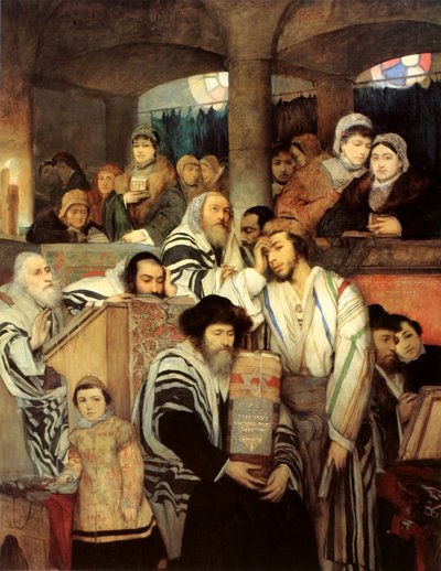 Judíos rezando en la sinagoga en Yom Kippur de Maurycy Gottlieb