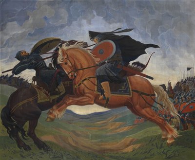 Combate singular de Peresvet y Temir-murza en el Campo de Kulikovo en 1380 de Mavriki Petrovich Jacobi