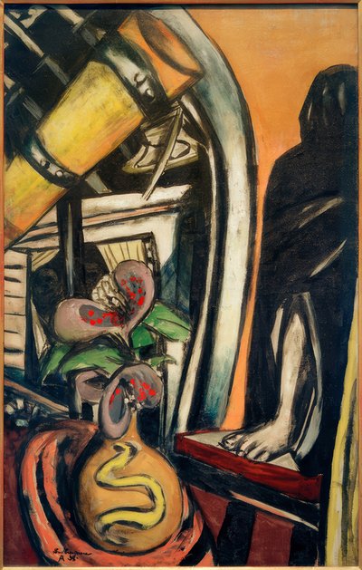 Atelier (Noche). Naturaleza muerta con telescopio y figura velada de Max Beckmann