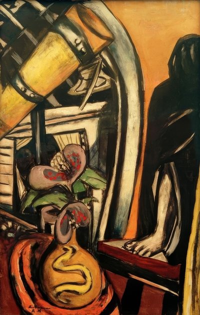 Estudio (Noche). Naturaleza muerta con telescopio y figura velada de Max Beckmann