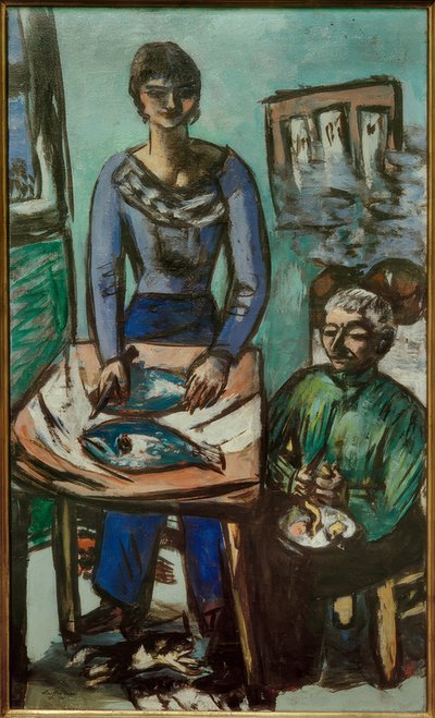 La cocina (Quappi con peces) de Max Beckmann