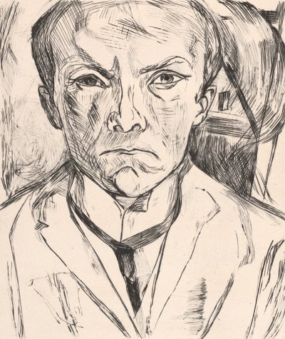 Autorretrato frontal con hastial de una casa al fondo de Max Beckmann