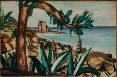 Paisaje marino con castillo antiguo y agaves de Max Beckmann