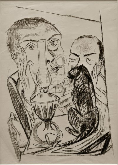 Autorretrato con gato y lámpara de Max Beckmann
